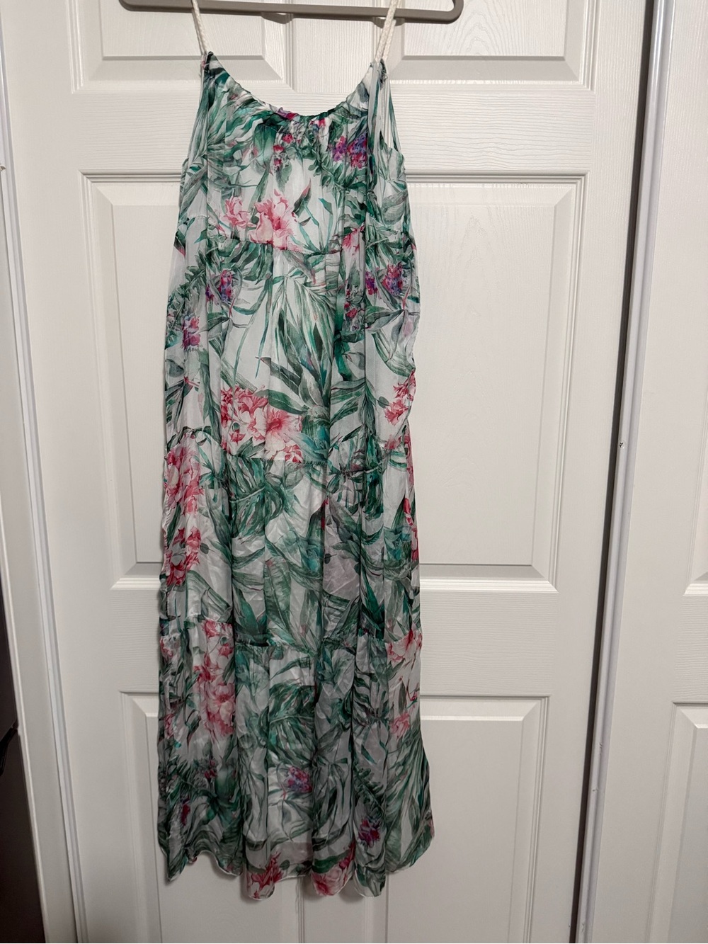 Tropical Green & Pink Tiered Maxi Skirt
